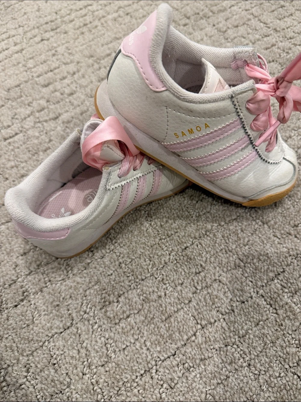 adidas Kids White Sneakers with Pink Accents and Satin Laces